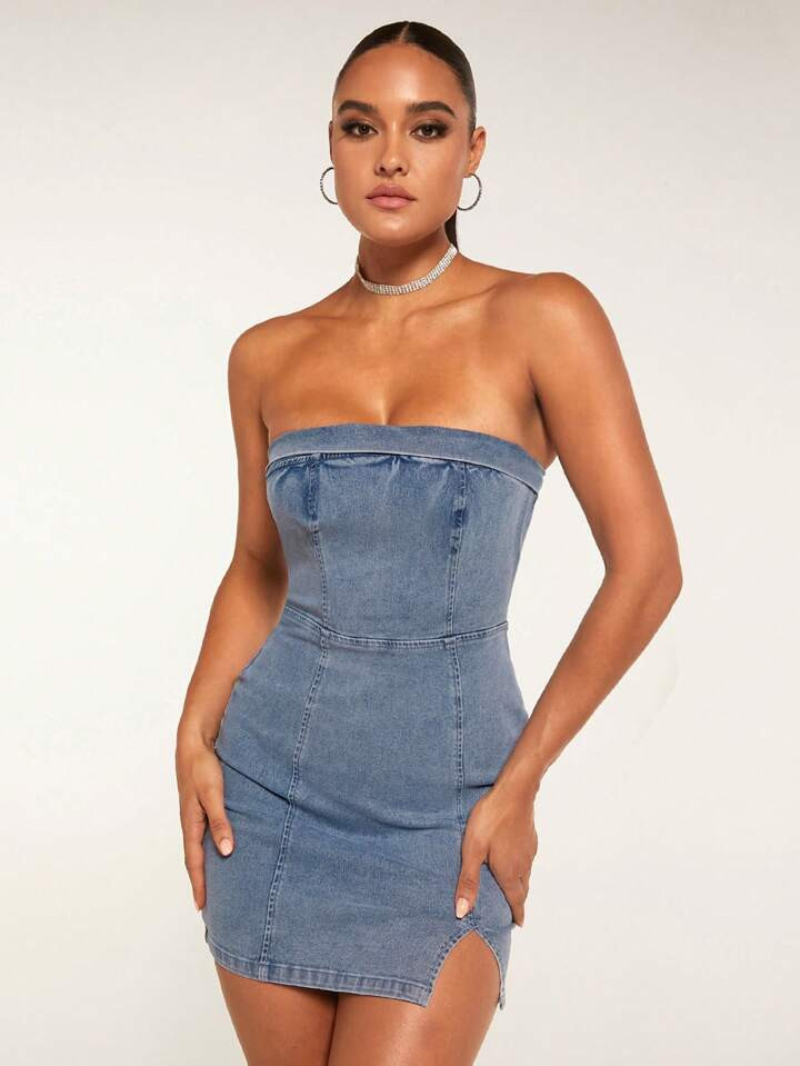 SHEIN BAE Split Hem Tube Denim Dress | SHEIN