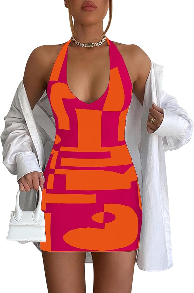 MISSACTIVER Women’s Halter Neck Sleeveless Bodycon Dress Sexy Deep V Neck Backless Bandage Summ... | Amazon (US)