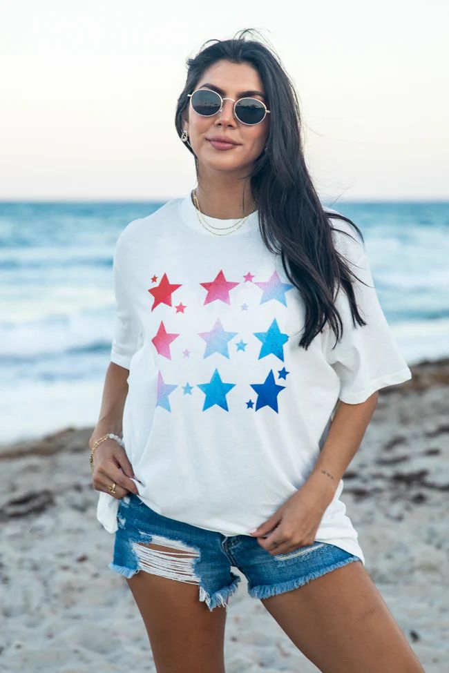 Watercolor Stars White Oversized Graphic Tee | Pink Lily
