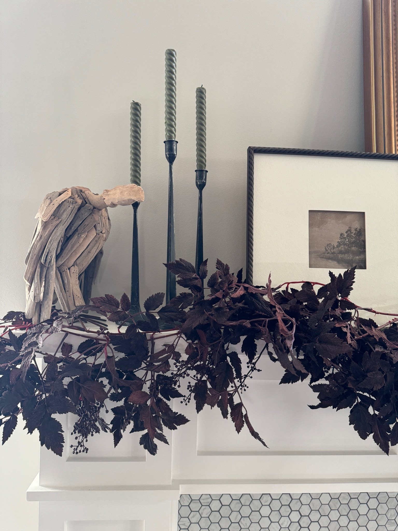 Halloween mantel details 

Neutral Home - Halloween Decor - Fall Home - Dark Leaf Garland - Mantel Styled

#LTKHalloween #LTKHome