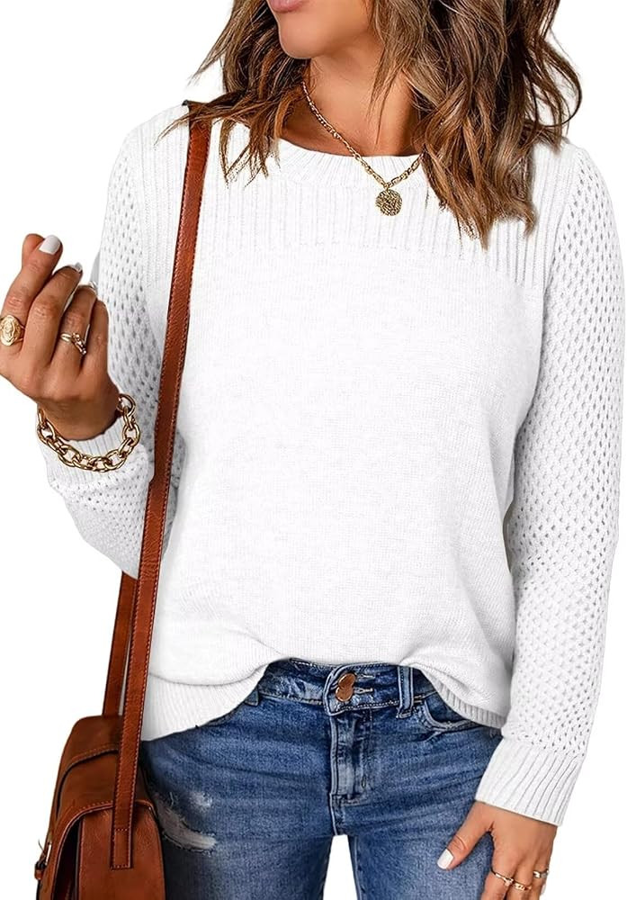 Wkior Womens Casual Sweaters Long Sleeve Crewneck Cable Knit Oversized Crochet Pullover Sweater J... | Amazon (US)