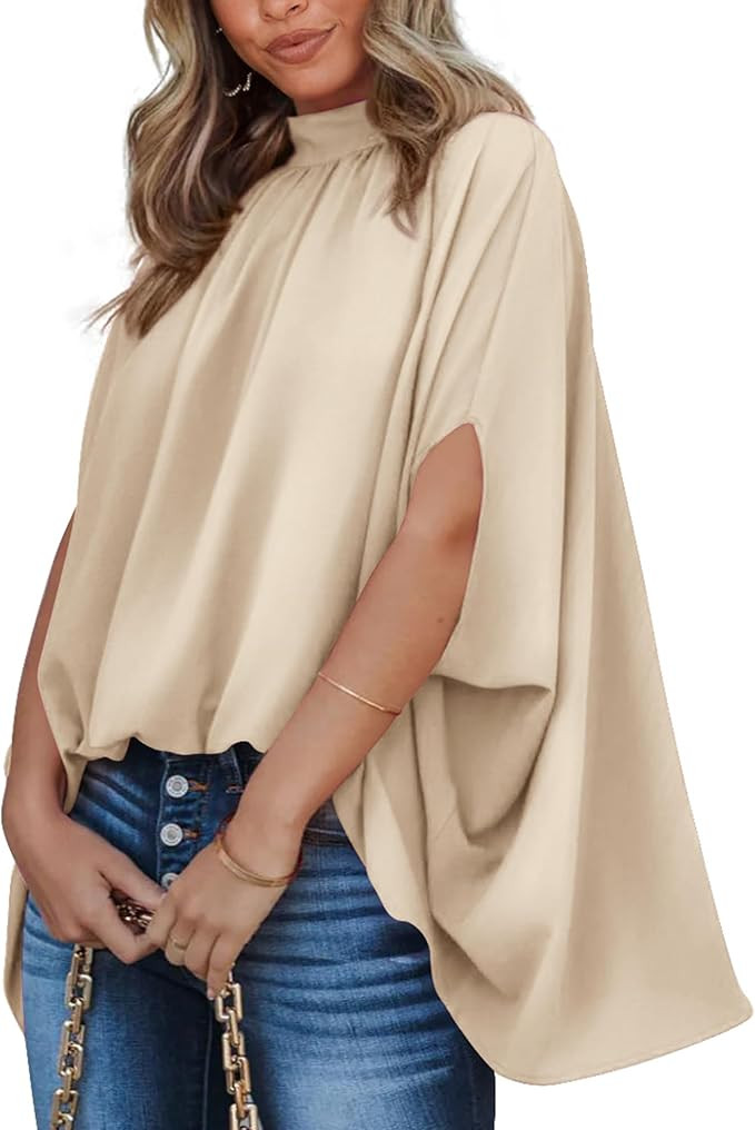 BTFBM Womens Summer Tops 2026 Mock Neck Batwing Sleeve Shirts Loose High Low Hem Oversized Dressy... | Amazon (US)
