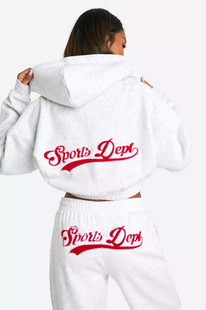 Sports Dept Towelling Applique Zip Through Cropped Hoodie | Boohoo.com (UK & IE)