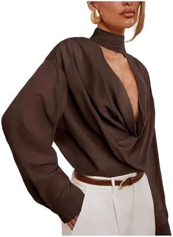SHENHE Women's Cowl Neck Blouse Long Sleeve Draped Sexy Dressy Sheer Blouse Top with Scarf | Amazon (US)