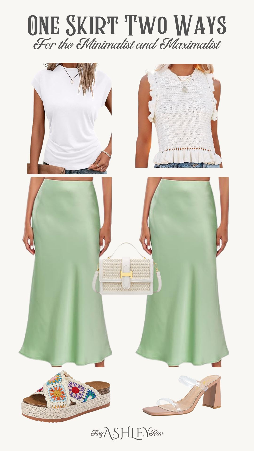 A satin midi outfit for every style! 💚

The satin skirt has an elastic waistband!

Stretchy skirt, green skirt, white top, crochet top, sleeveless top, summer outfit, summer style, neutral heels, nude heels, summer purse, summer occasion outfit, summer work outfit, summer workwear 

#LTKFindsUnder50 #LTKStyleTip #LTKSeasonal