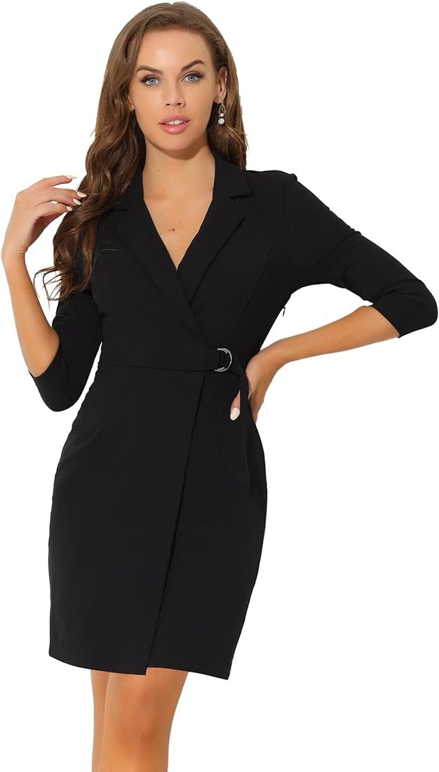 Allegra K Sheath Dress for Women's 3/4 Sleeve Knit Lapel Collar Belted Work Office Dress | Amazon (US)