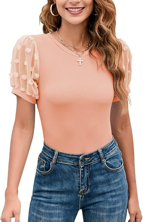 Women's Round Neck Slim Fit Swiss Dots Mesh Puff Sleeve Bodysuits Casual Ribbed Knit Jumpsuit Top... | Amazon (US)