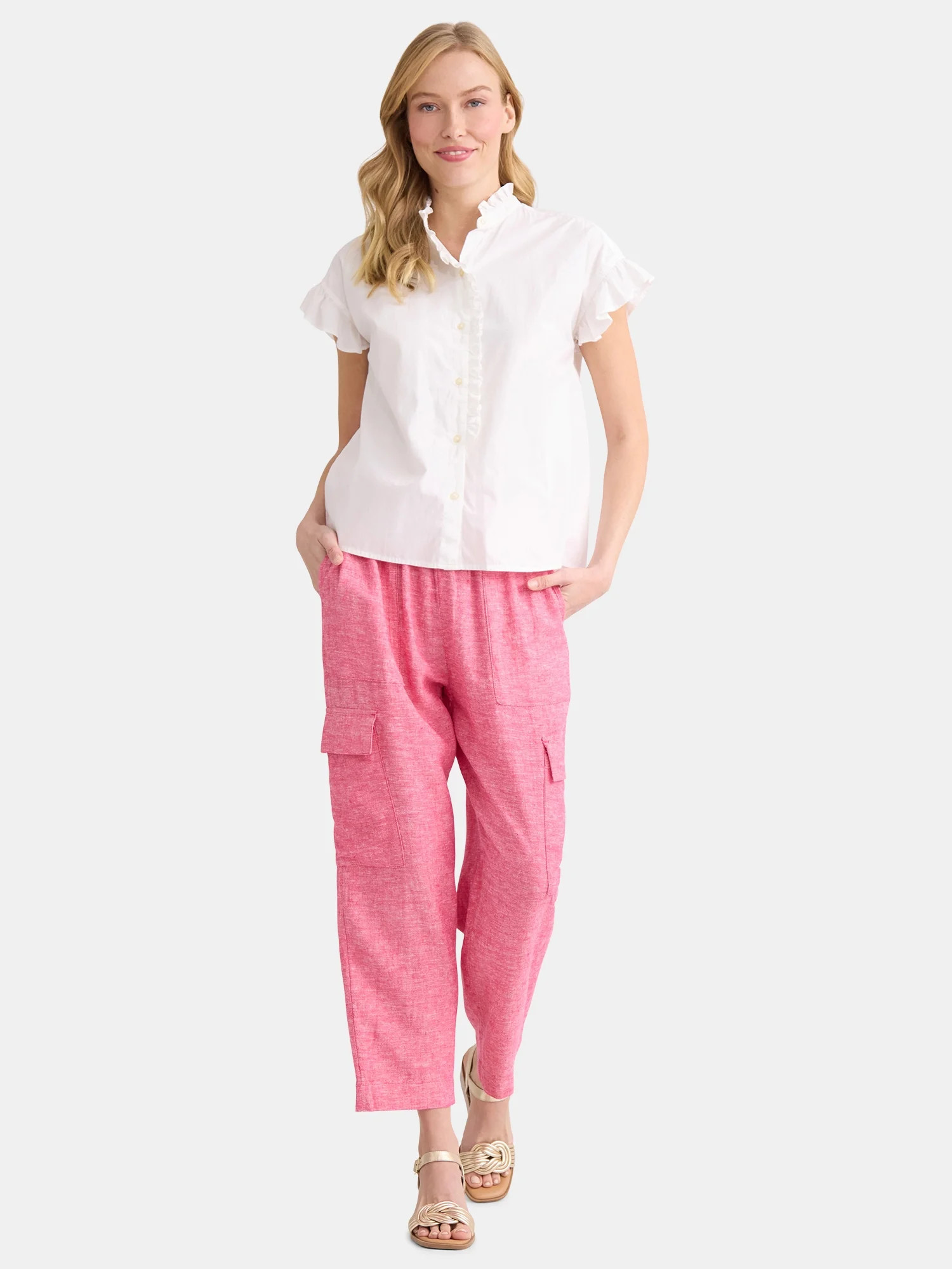 Time and Tru Women’s and Women’s Plus Linen Blend Cropped Cargo Pants, 27" Inseam, Sizes XS-3... | Walmart (US)