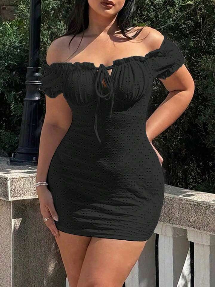 SHEIN WYWH Plus Size Solid Color Off-Shoulder Dress With Chest Pleats, Knitting Jacquard Fabric, ... | SHEIN