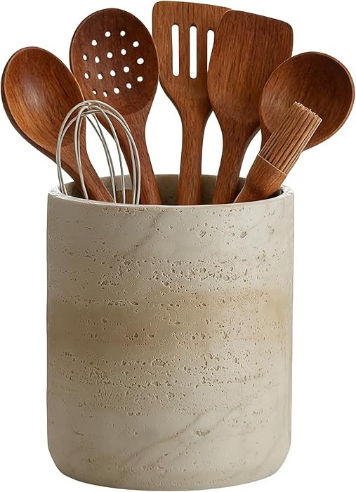 Natural Travertine Textures Kitchen Utensil Holder, 7.5" Large Heavy Resin Utensil Crock, Cooking... | Amazon (US)