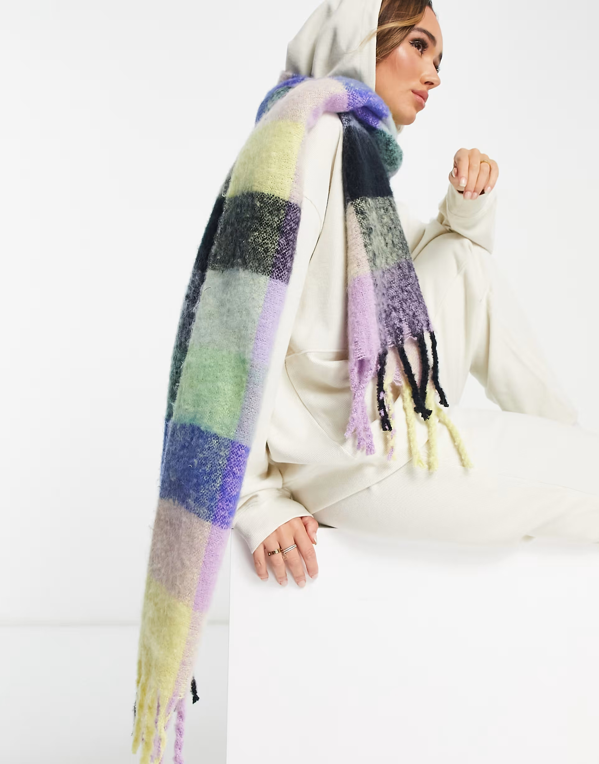 ASOS DESIGN fluffy tassel scarf in pastel and bright check | ASOS (Global)