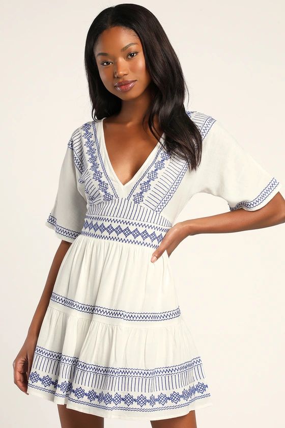 Gone to Greece White Embroidered Short Sleeve V-Neck Mini Dress | Lulus (US)