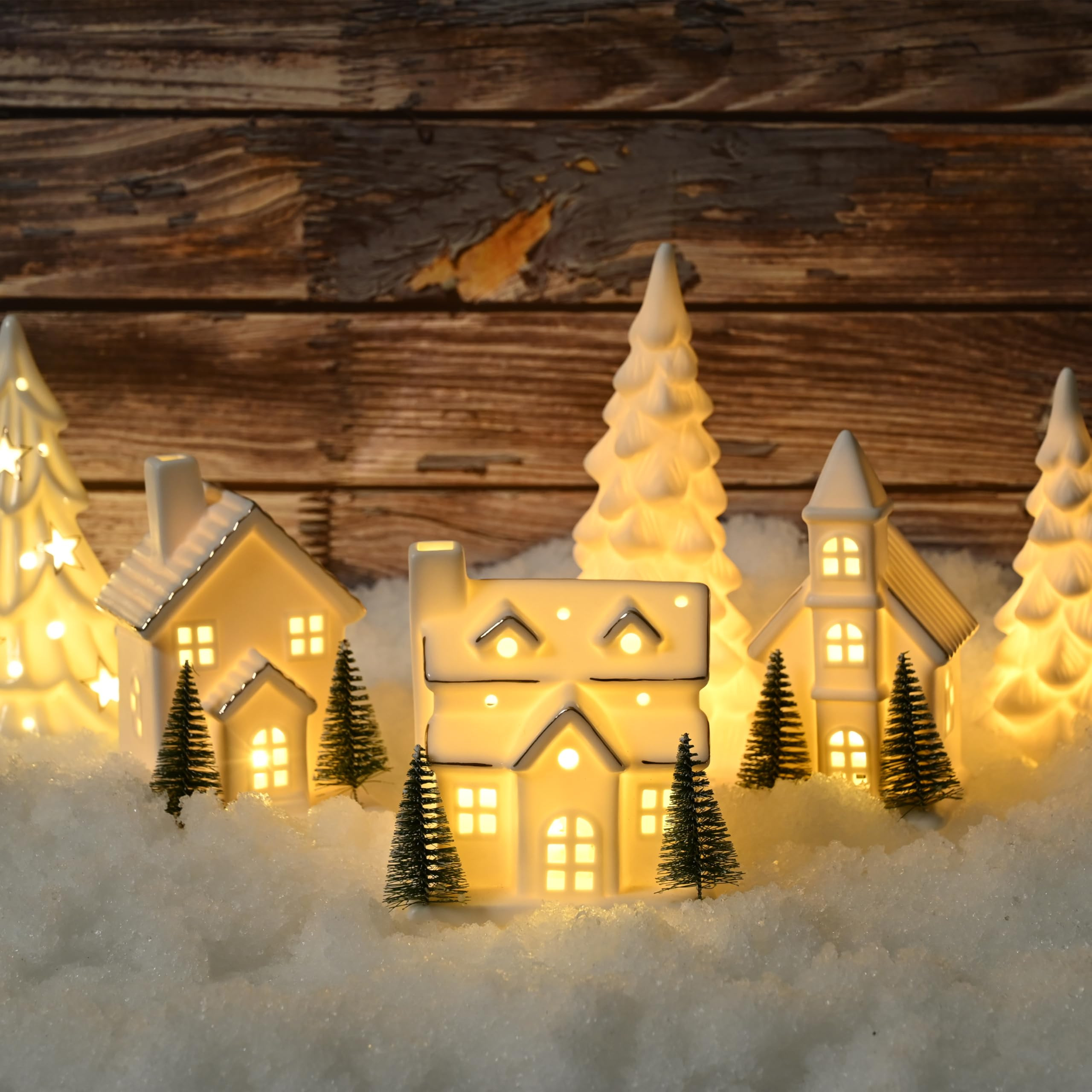 Ceramic White Christmas Village Houses, 3Pcs Light Up Small Porcelain Village House with 6Pcs Chr... | Amazon (US)
