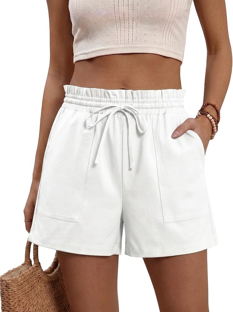 Micoson Womens Shorts Summer Casual Ruffle Waist Linen Cotton Blend Wide Leg Shorts with Pockets ... | Amazon (US)