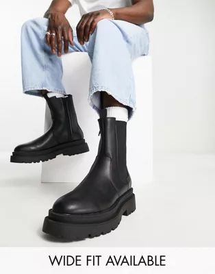 ASOS DESIGN chunky chelsea calf boots in black faux leather | ASOS (Global)