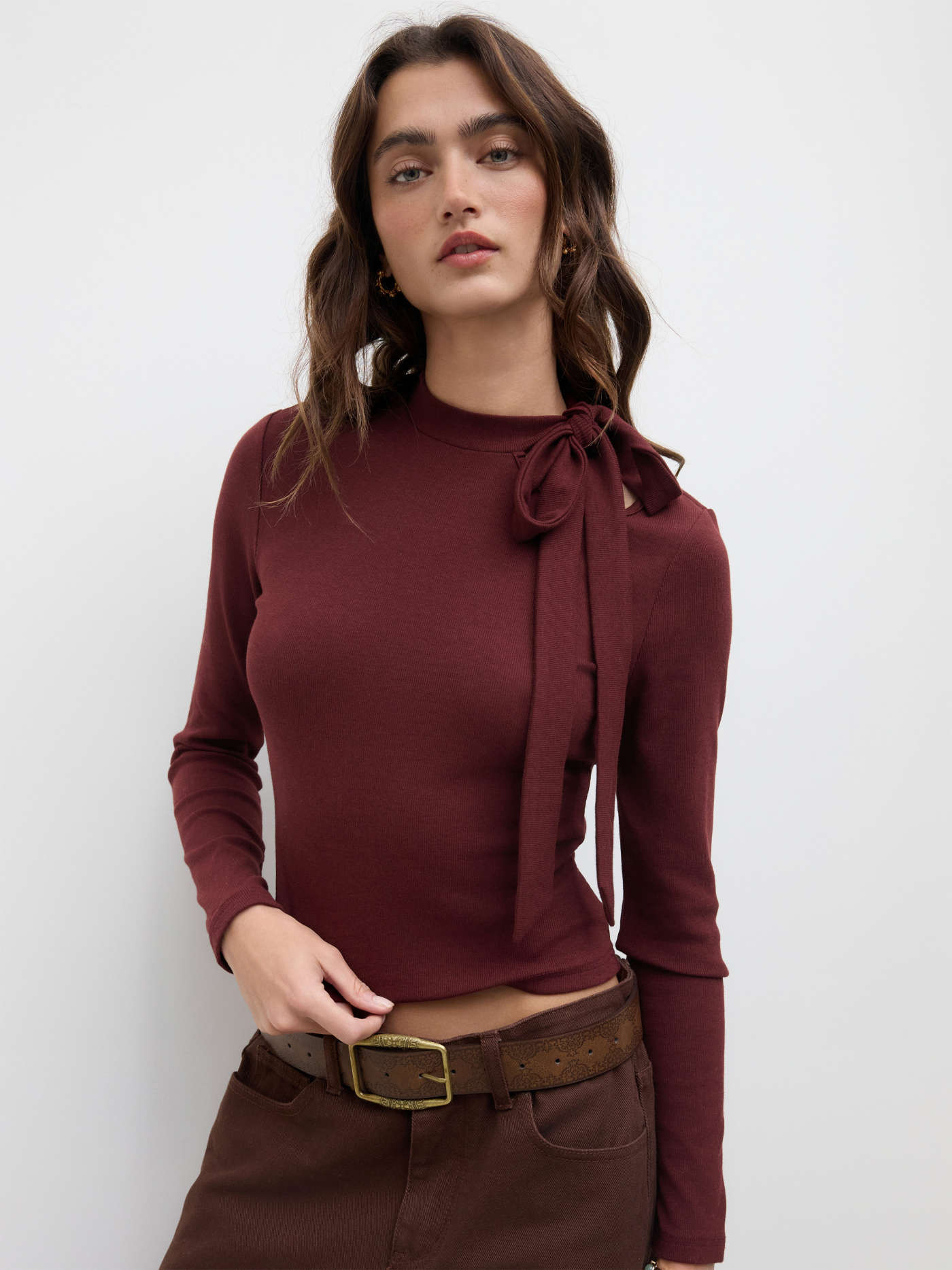 Cotton-blend Round Neckline Knotted Long Sleeve Top | Cider