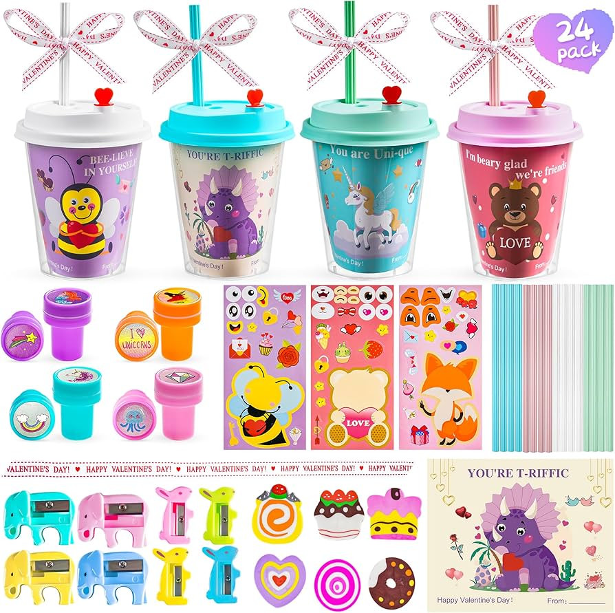 24 pcs Valentines Day Gifts for Kids Classroom - Valentines Day Stationary Set Gift with Cards fo... | Amazon (US)