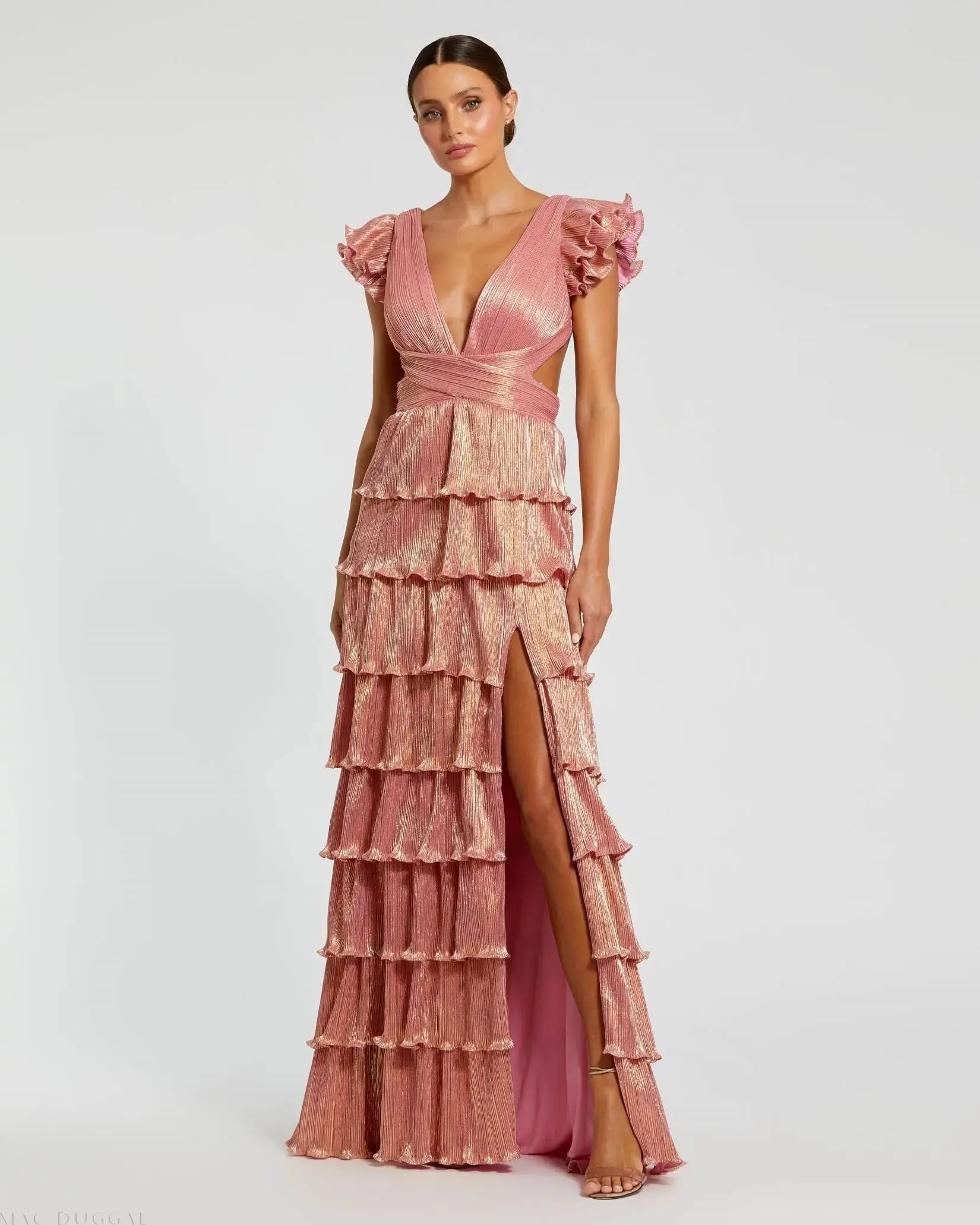 Pink Ruffle Tiered Criss Cross Lace Up Gown | Mac Duggal