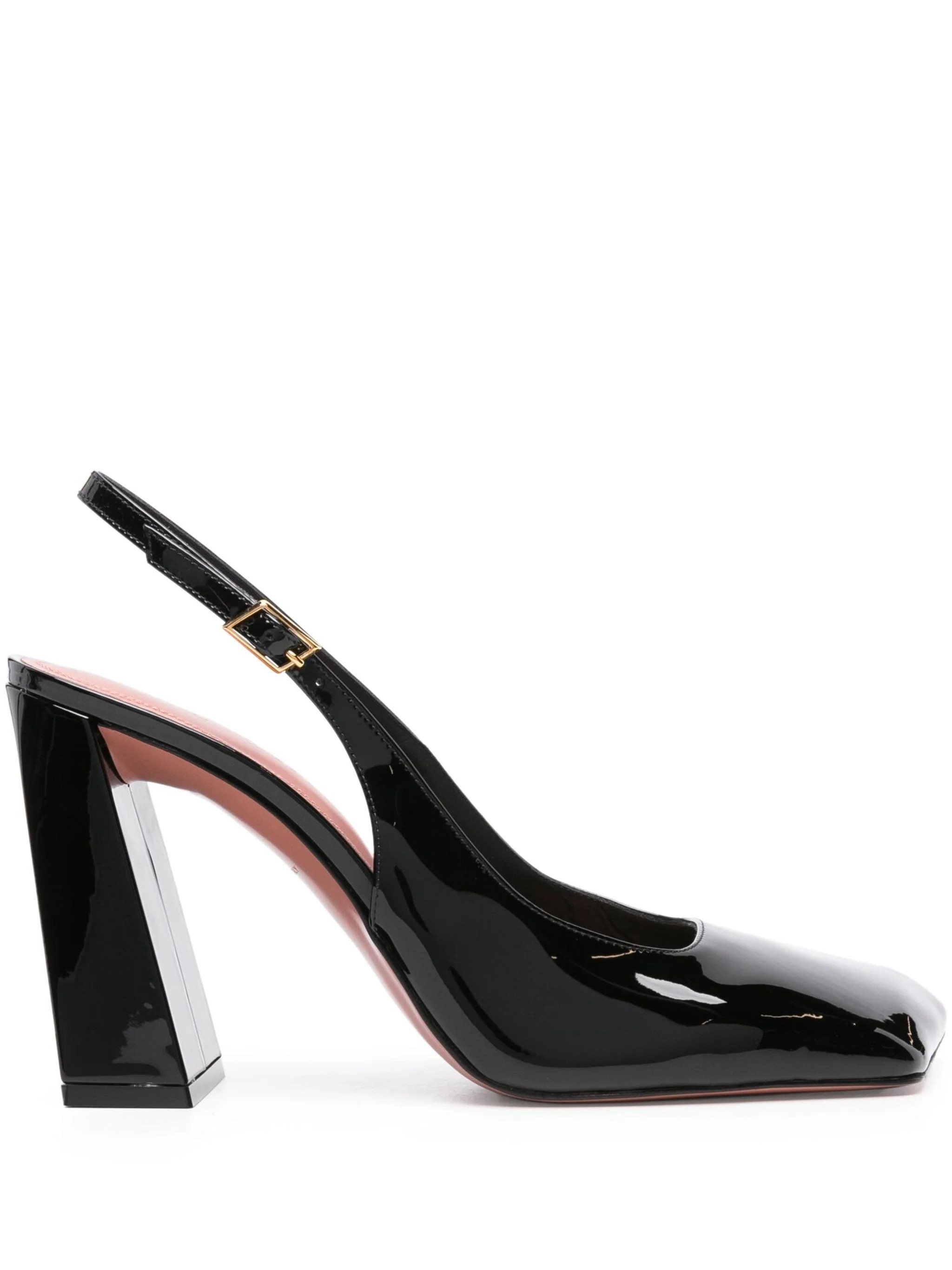 Amina Muaddi Ladies Patent Black Charlotte Heeled Pumps | Shop Simon