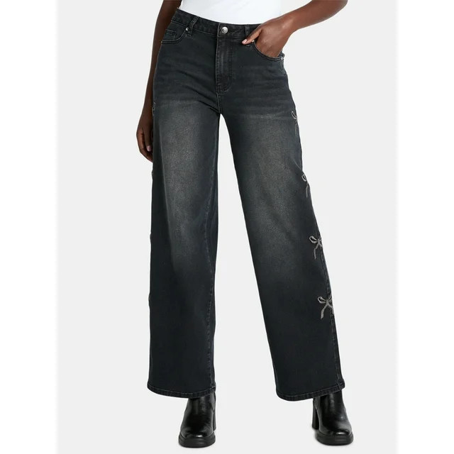 Madden NYC Women’s Ultra 90s Fit Jeans with Bow Embroidery, Sizes 0-18 | Walmart (US)