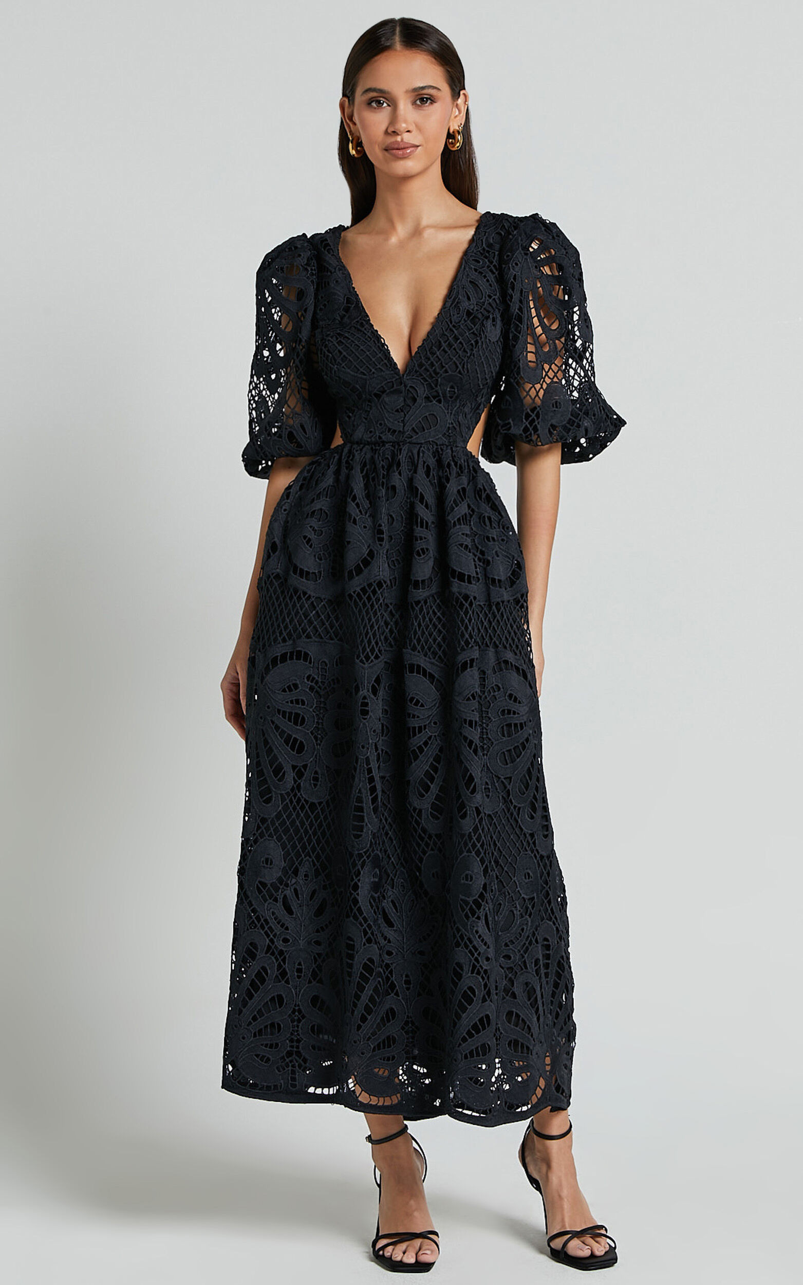 Anieshaya Midi Dress - V Neck Cut Out Lace Dress in Black | Showpo (US, UK & Europe)