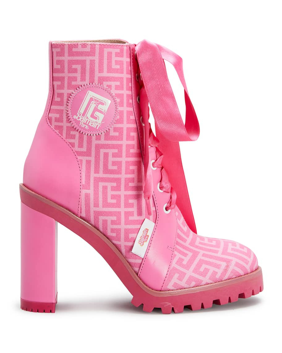 Balmain x Barbie Monogram Lug-Sole Ribbon Ranger Boots | Neiman Marcus