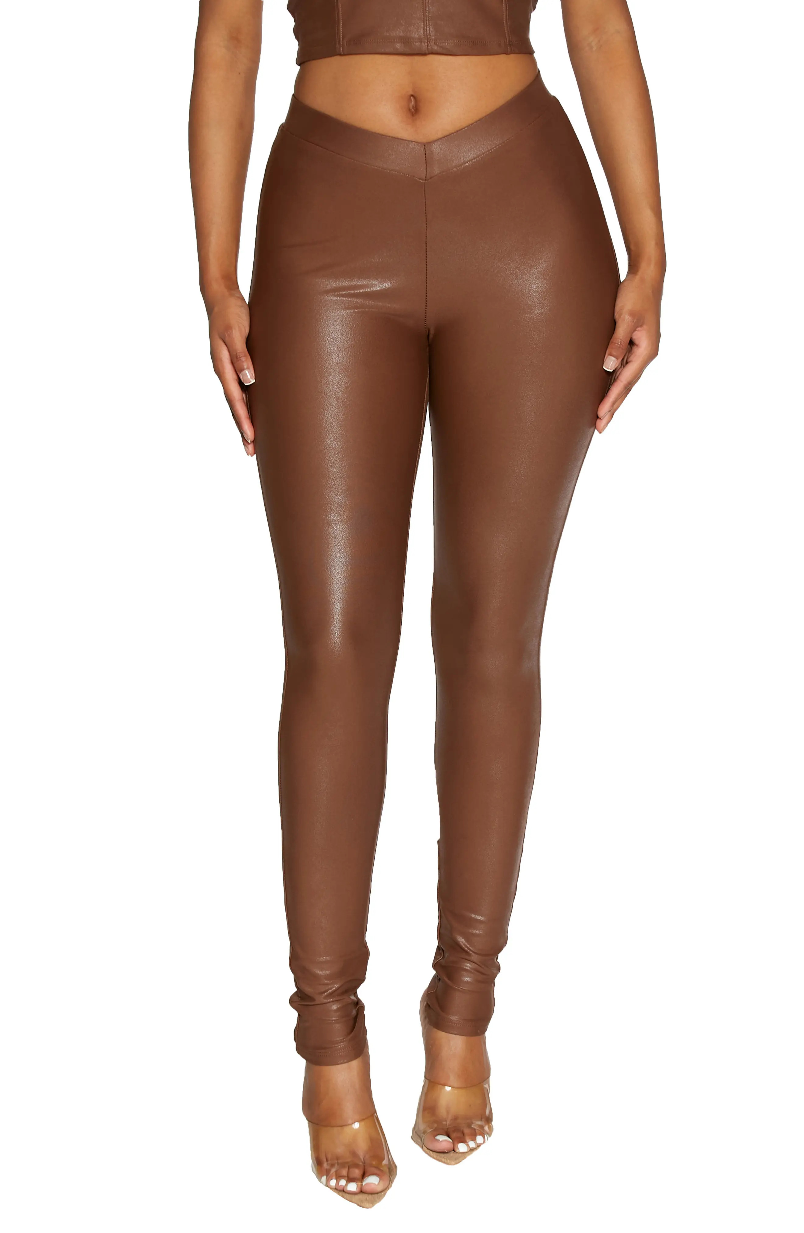 Naked Wardrobe High Waist Faux Leather Leggings in Brown at Nordstrom, Size X-Small | Nordstrom