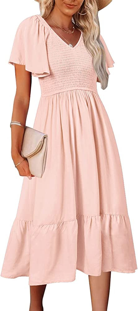 MEROKEETY Womens 2023 Summer Casual V Neck Ruffle Sleeve Smocked High Waist Midi Dress with Pocke... | Amazon (US)