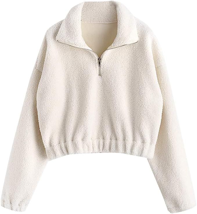 ZAFUL Women's Faux Fur Pullover Half Zip Long Sleeve Crop Sweatshirt Tops | Amazon (US)