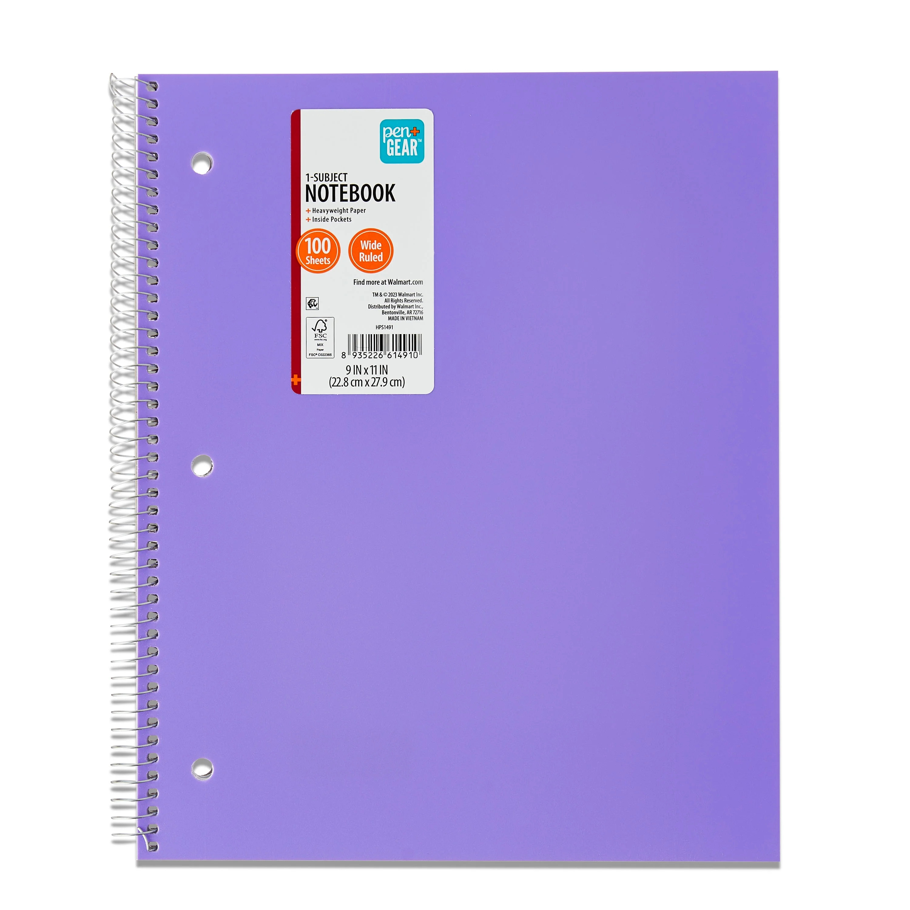 Pen + Gear Wide Ruled Poly 1-Subject Notebook with Inside Pockets, 9" x 11", Purple, 100 Heavywei... | Walmart (US)