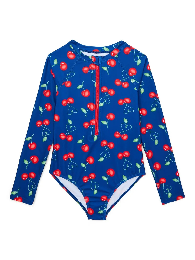 Wonder Nation Girls Printed Zip Rash Guard One-Piece Swimsuit with UPF50+, Sizes 4-18 & Plus | Walmart (US)