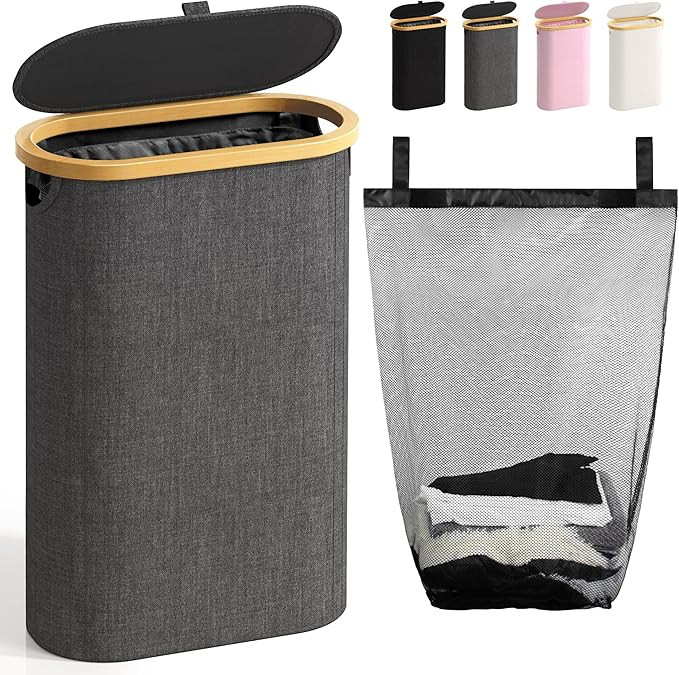 Slim Laundry Hamper with Lid, 60L Small Laundry Basket with Handles&Removable Bag, Thin Dirty Clo... | Amazon (US)