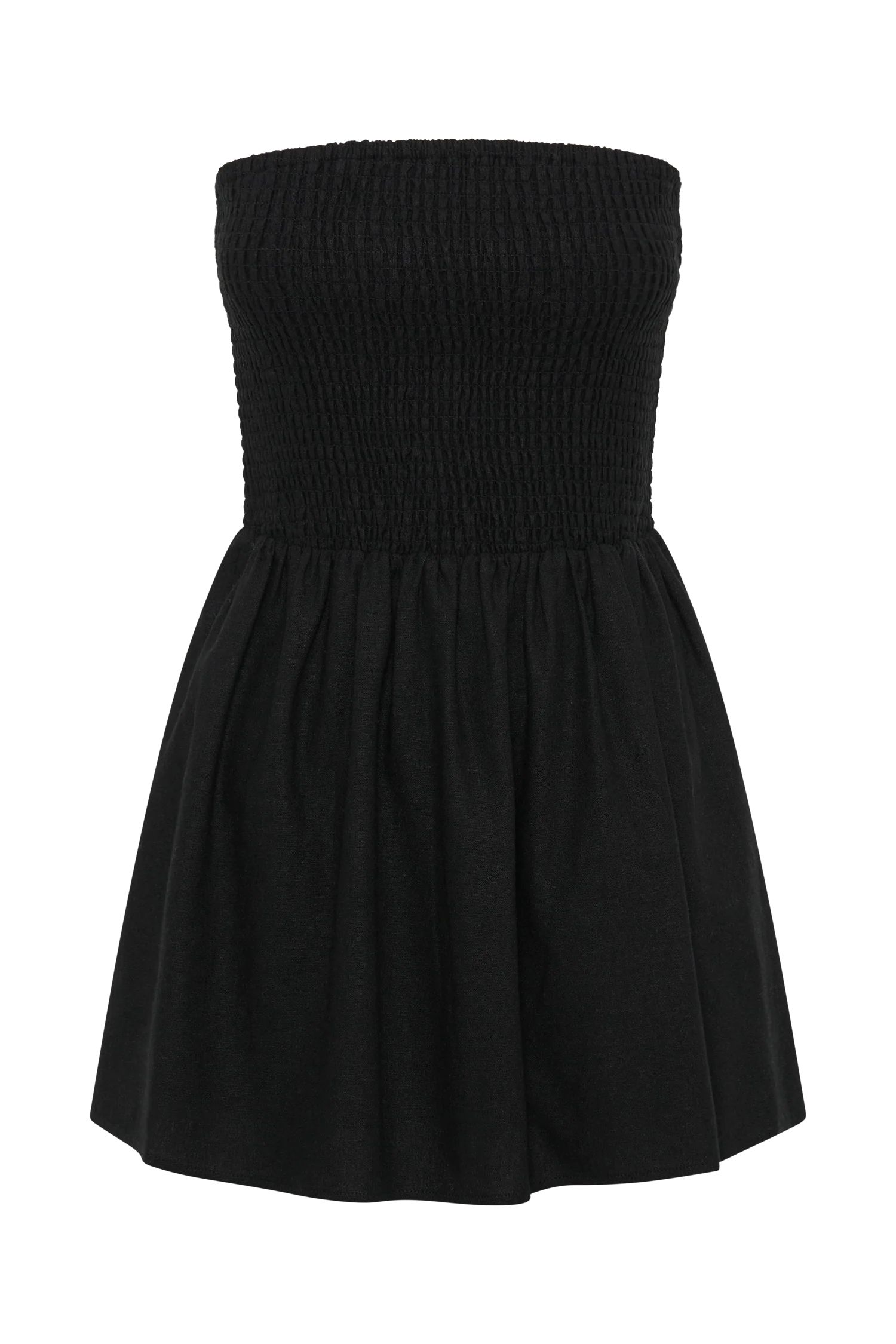 Holland Linen Shirring Mini Dress - Black | MESHKI US