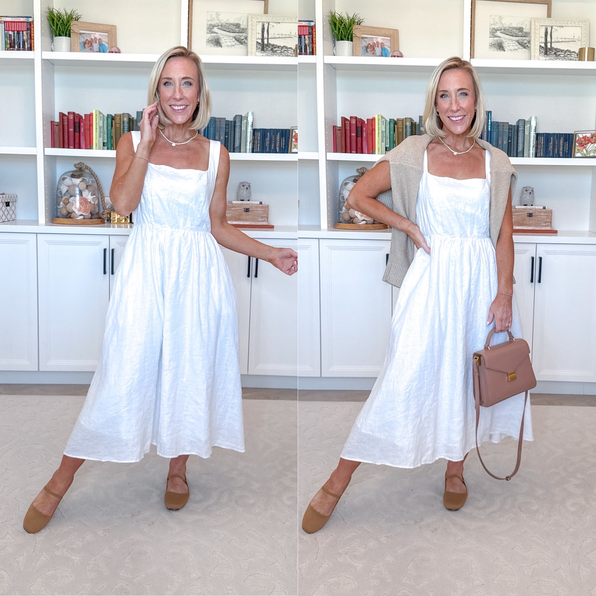 Quince - denim & dresses (pieces I loved so much, I re-ordered!) * 100% Organic Cotton Cropped Cardigan - size Small. Color: Cement Marl. 100% European Linen Fit & Flare Midi Dress - Size: Small (needs an XS). Color: White (11 colors). * Italian Leather Top Handle Crossbody Satchel - Color: Cappuccino. (On final sale!) #quincepartner @quince

 

 