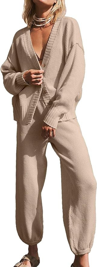 Ugerlov Women's Two Piece Outfits Sweater Sets Oversized Knit Cardigan and High Waisted Baggy Pan... | Amazon (US)