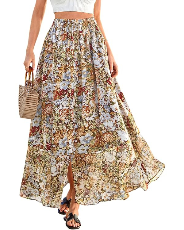 PRETTYGARDEN Floral Maxi Skirt for Women High Waisted Vintage Printed A-Line Summer Boho Long Ski... | Amazon (US)