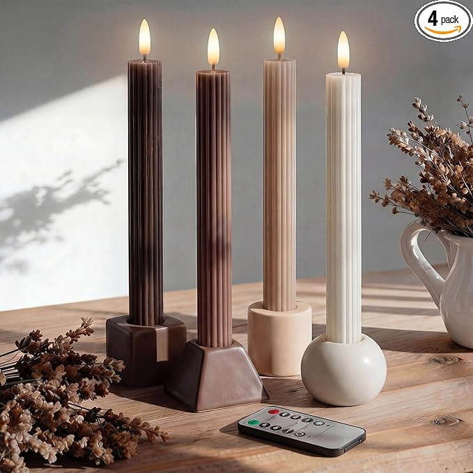 Mocha Brown Coordinated Chocolatey 4 Pack, 10" Real Wax LED Flameless Fluted Ribbed Grooved Taper... | Amazon (US)