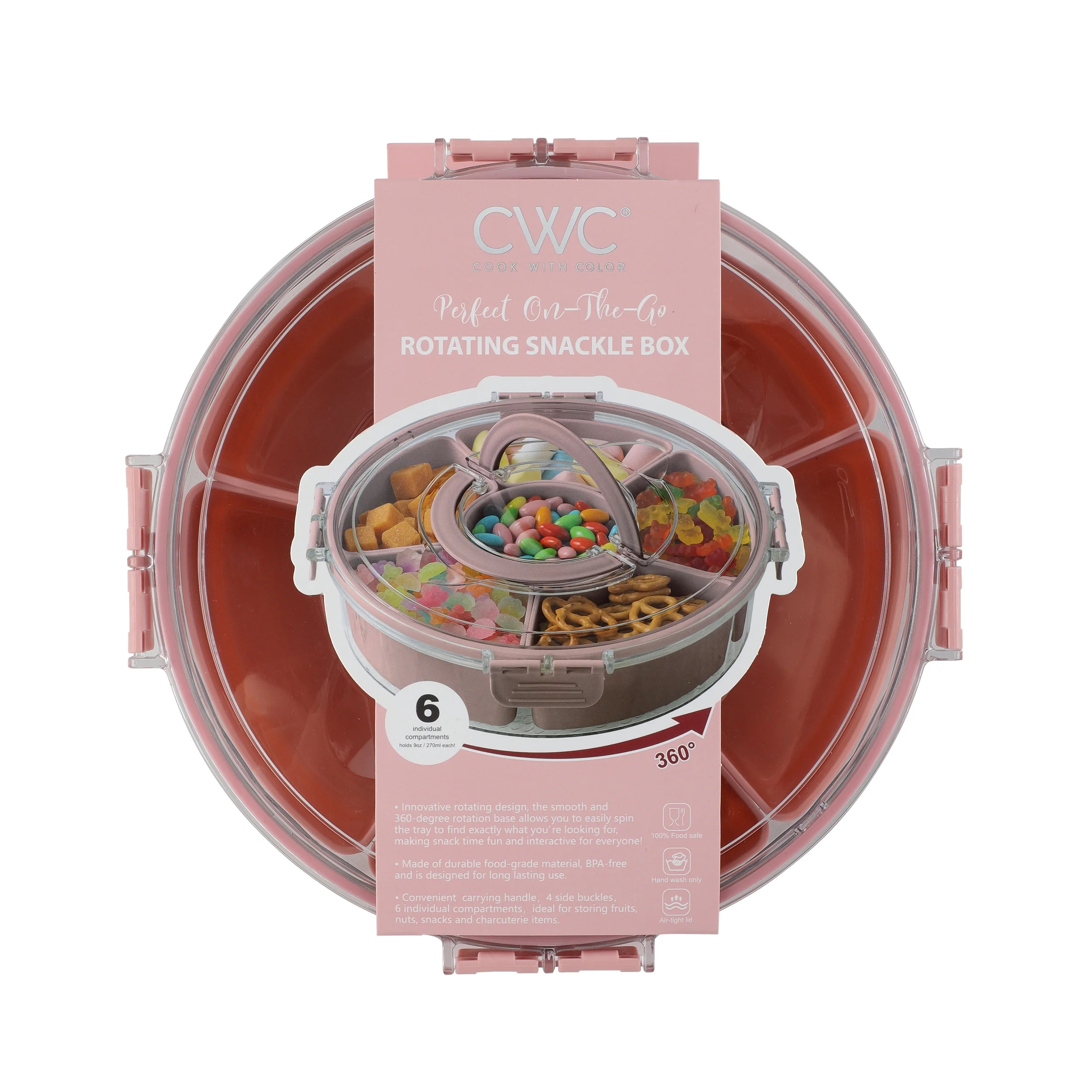COOK WITH COLOR PINK ROUND 6 DIVIDER SNACKLE BOX WITH CARRYING HANDLE AND TURNABLE BASE | Walmart (US)