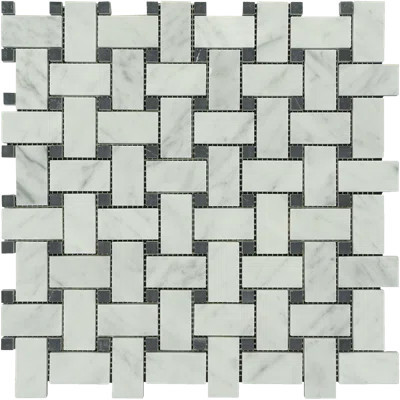 White Carrara Basket Weave With Black Dots Marble Look Floor And Wall Mosaic | Wayfair North America