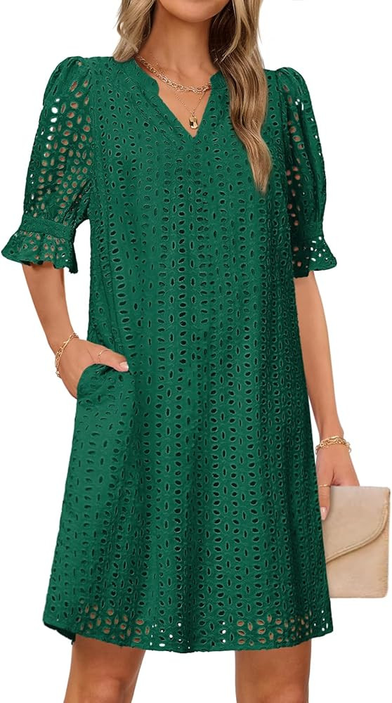 MEROKEETY Women's 2025 Summer Short Sleeve Mini Dress V Neck Ruffle Hollow Out Eyelet Lace Dresse... | Amazon (US)