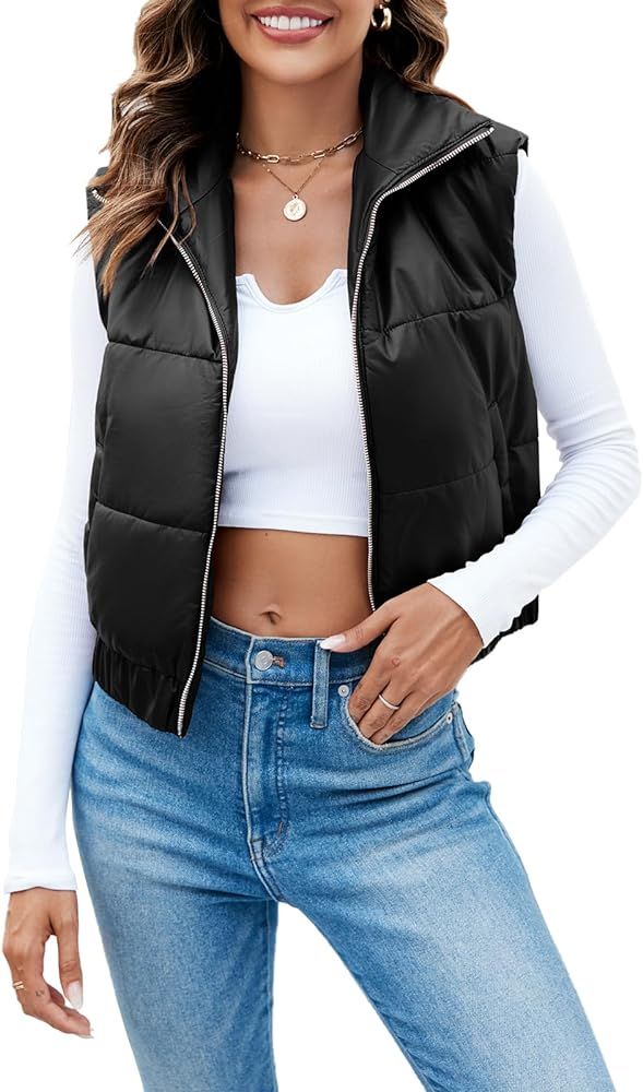 Fisoew Womens Faux Leather Puffer Vest High Stand Collar Zip Up Sleeveless Winter Cropped Jacket Gil | Amazon (US)