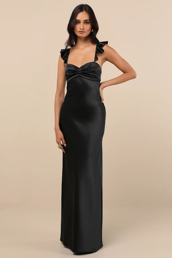 Exuberant Luxury Black Satin Ruffled Lace-Up Maxi Dress | Lulus