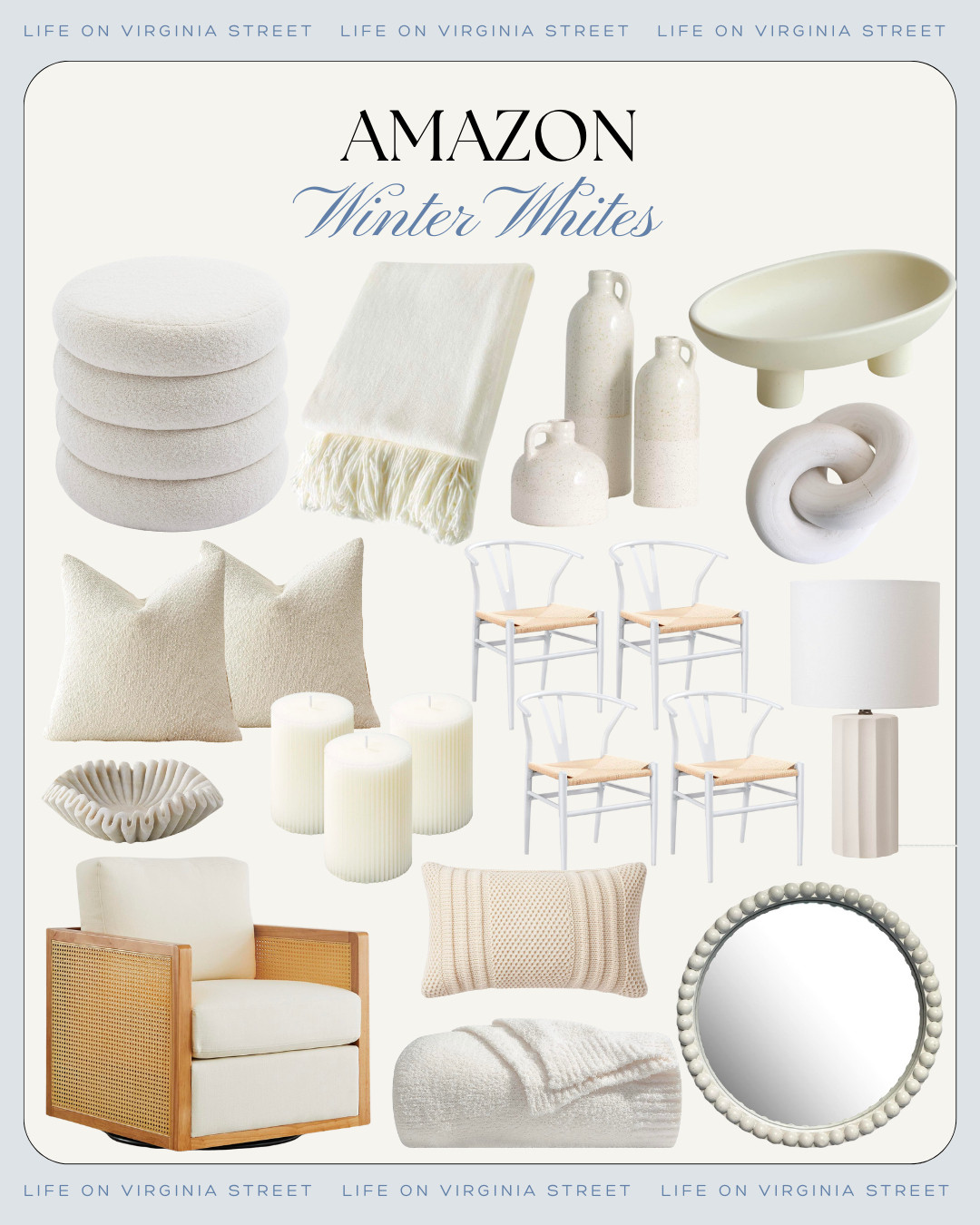 Who says white has to be boring? These cozy winter white home decor finds are perfect for adding plush, warm layers to your winter decor! Includes the cutest cane chair, cozy throw blankets, candles, a scalloped marble bowl, white wood mirror, boucle ottoman, and more! #ltkhome #ltksalealert #ltkstyletip #ltkfindsunder50 #ltkfindsunder100 #ltkseasonal Amazon home decor, Amazon winter whites, Amazon cozy finds 

 

#LTKSeasonal #LTKHome #LTKSaleAlert