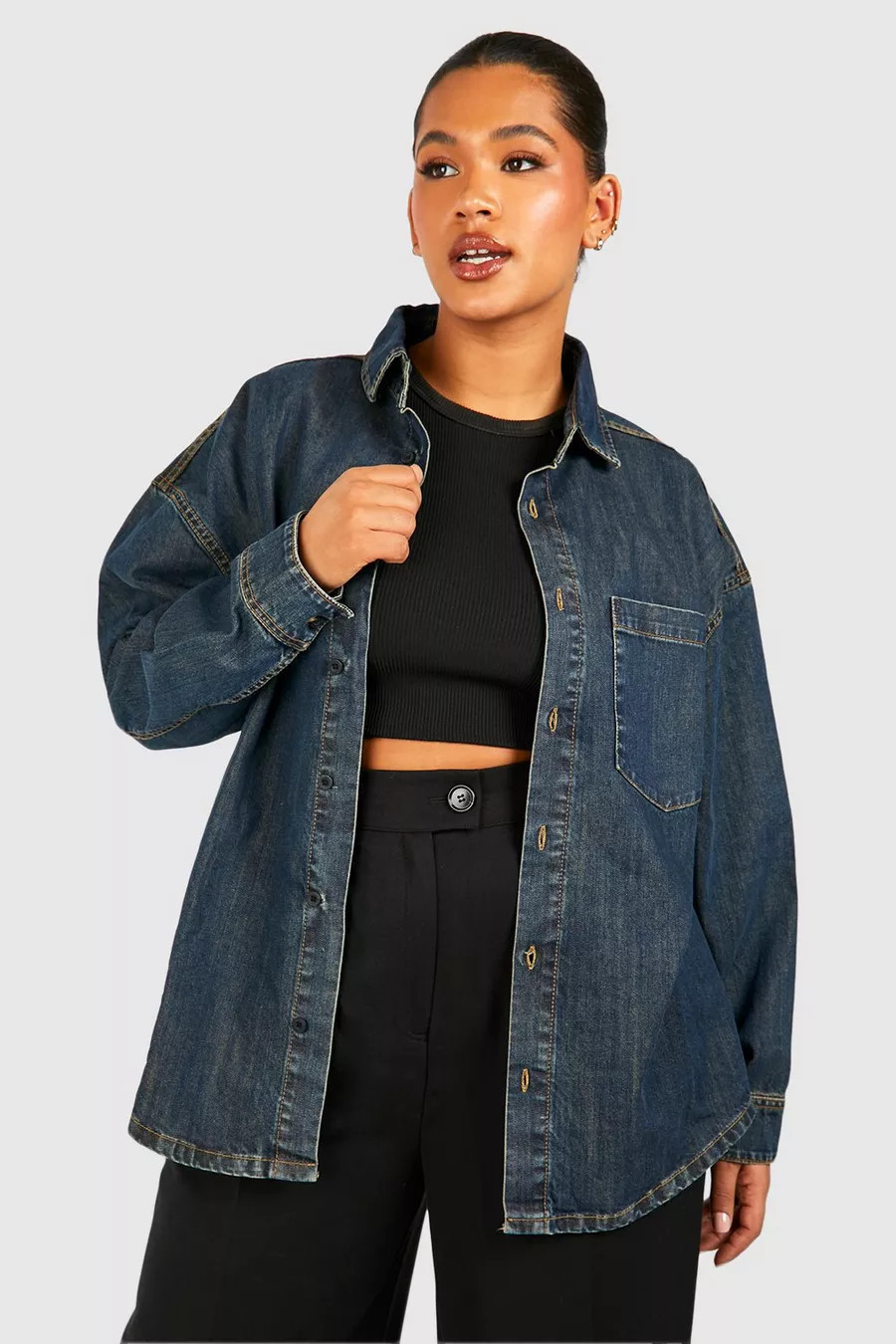 Plus Basic Oversized Denim Shirt | boohoo (US & Canada)