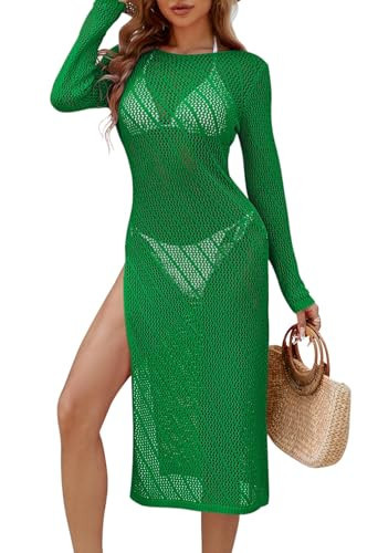 Pink Queen Swimsuit Coverup for Women Long Sleeve Side Slit Hollow Out Knit Beach Cover Up Green XL | Amazon (US)