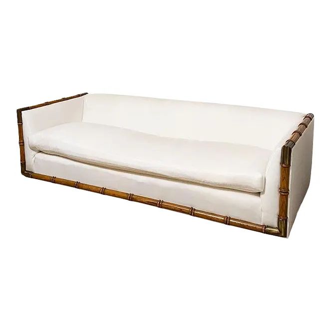 Vintage White Ethan Allen Sofa With Bench Cushion and Bamboo and Brass Detail | Chairish