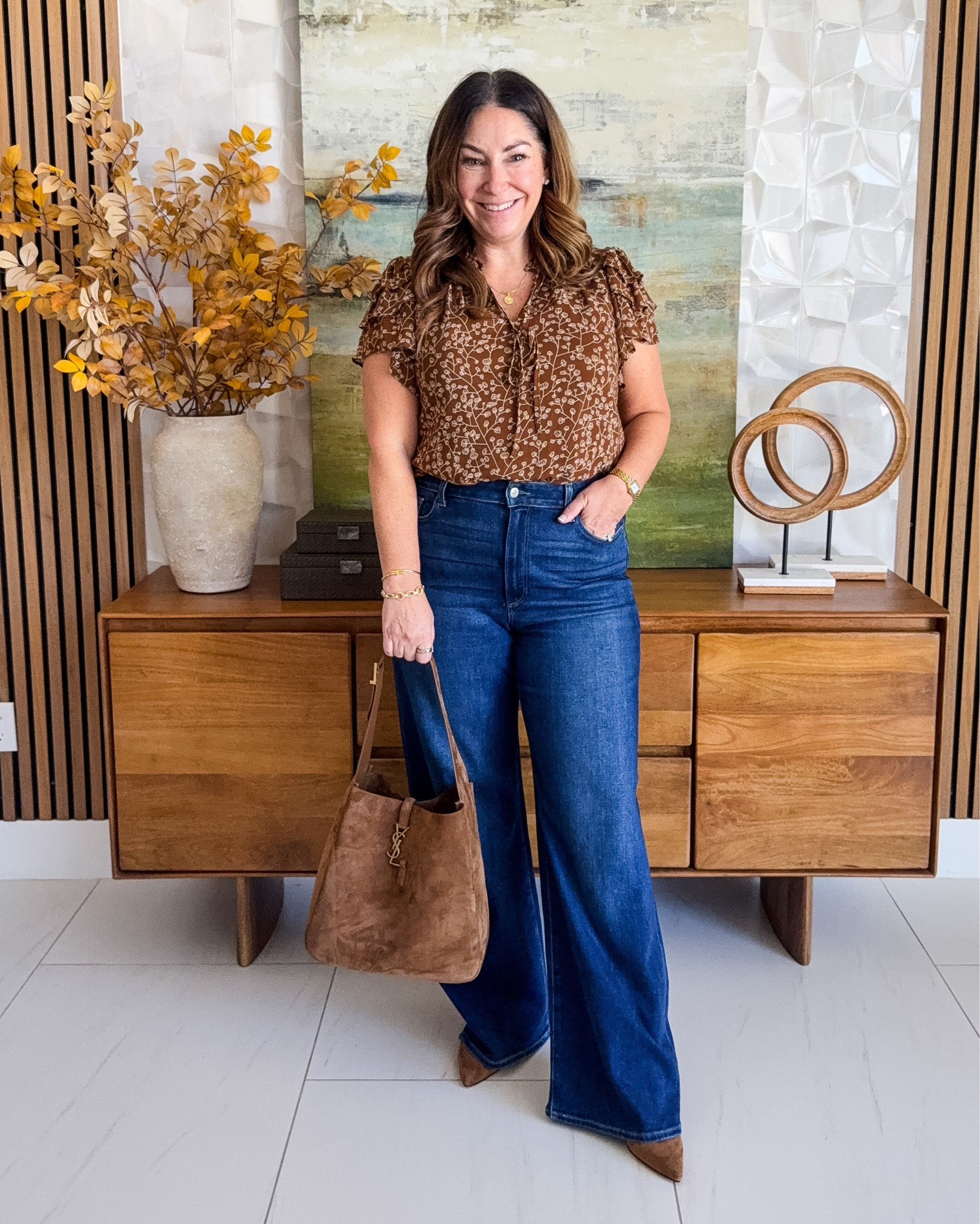 A pretty fall blouse + great wide-leg jeans will always be one of my favorite easy outfit formulas. Add a suede tote and you’re done! 🤎 | Wearing Blouse tts, L and Jeans tts, 31

#LTKSeasonal #LTKOver40 #LTKMidsize