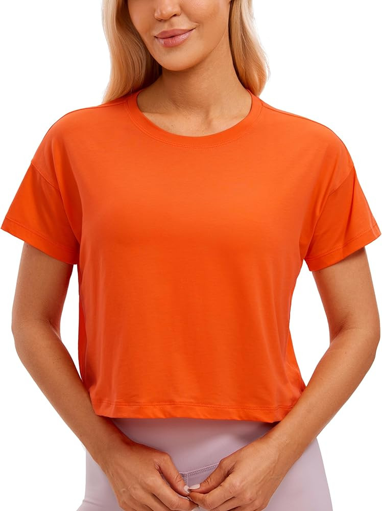 CRZ YOGA Women's Pima Cotton Workout Short Sleeve Shirts Loose Crop Tops Athletic Gym Shirt Casua... | Amazon (US)