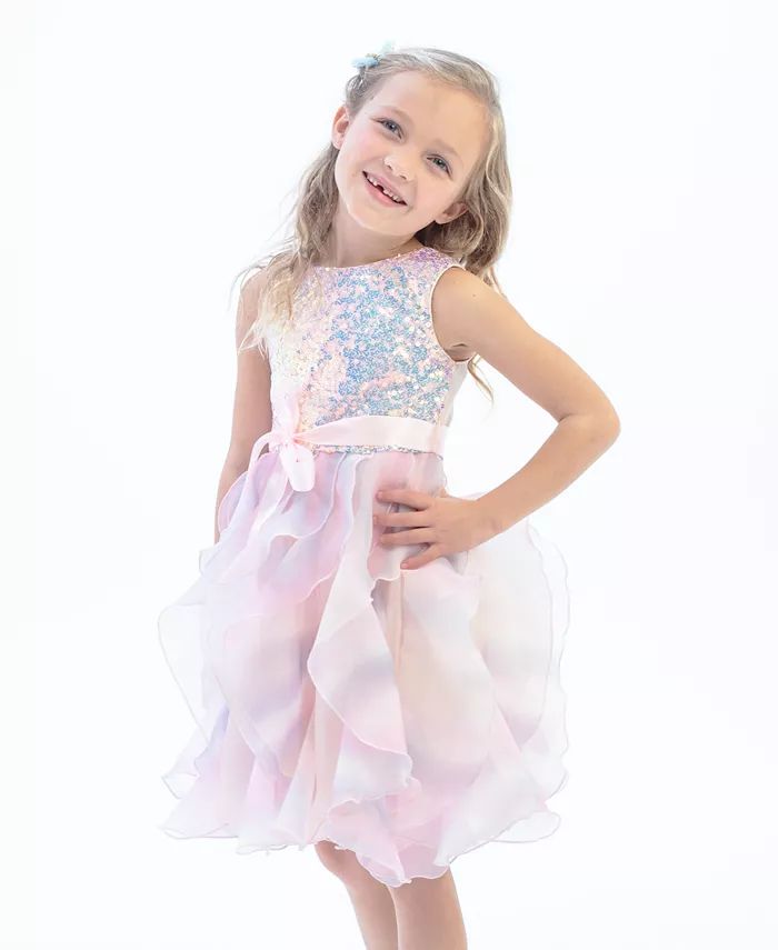 Little Girls Sleeveless Sequin and Ombre Cascade Skirt Party Dress | Macy's