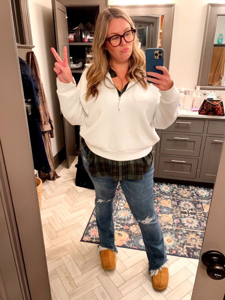 Cozy comfy plus size OOTD! Wearing a pair of Arula jeans (size 18), a button-front top from Walmart (3X), a pullover from Spanx (2X), and my favorite pair of house shoes from JCPenney! 

Arula: BOGO 50% all denim 

Spanx:  20% off entire site - no code needed!

#LTKCyberweek #LTKcurves #LTKstyletip